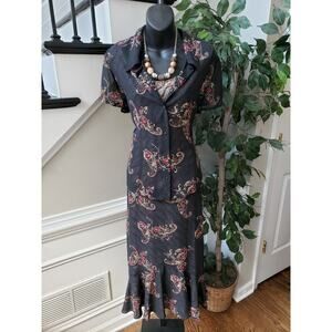 Emma & James 3 Piece Skirt Suit Women Size 14 Black Floral Collar Button Front